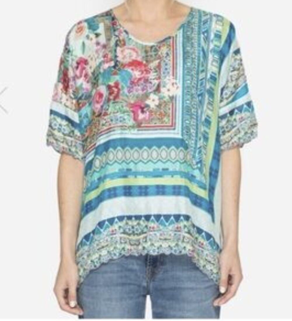 Johnny Was Women Short Sleeve Floral Silk Blouse
